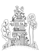 Hand drawn house. The fairytale tea room on a hill with trees. Sketch for anti-stress adult coloring book in zen-tangle style. Vector illustration for coloring page.