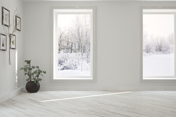 White stylish empty room with winter landscape in window. Scandinavian interior design. 3D illustration