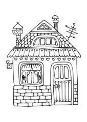 Hand drawn coloring page with cute little house. Vector illustration.