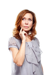 Portrait of beautiful adult woman on white background.