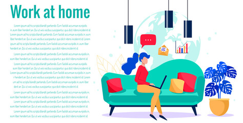 Girl with a laptop laying on the coach. Freelance concept. Online work vector flat illustration.