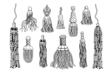 ..A set of various tassels and sword knots of different materials. Cord, thread, leather, beads. Engraved decor elements. Monochrome isolated objects. Vector vintage illustration. - obrazy, fototapety, plakaty