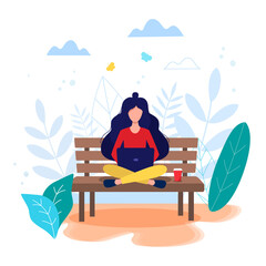 Freelance, online work, work from home, online education, freedom in work concept vector illustration in flat style. Woman sitting on the bech with laptop.