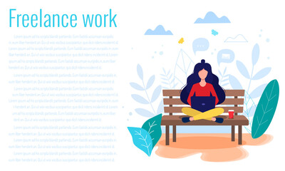 Freelance, online work, work from home, online education, freedom in work concept vector illustration in flat style. Woman sitting on the bech with laptop.