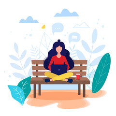 Freelance, online work, work from home, online education, freedom in work concept vector illustration in flat style. Woman sitting on the bech with laptop.