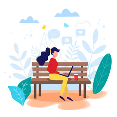 Freelance, online work, work from home, online education, freedom in work concept vector illustration in flat style. Woman sitting on the bech with laptop.