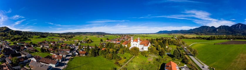 Fototapeta na wymiar Aerial view of Schlehdorf monastery with parish church St. Tertulin on Kochelsee, Schlehdorf Upper Bavaria, Bavaria, Germany