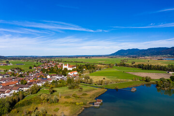 Aerial view of Schlehdorf monastery with parish church St. Tertulin on Kochelsee, Schlehdorf Upper Bavaria, Bavaria, Germany