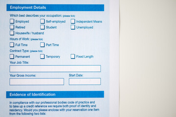 Woman filling contract property reservation form, tick employment detail. Rental agreement apartment, house. Close up. Selective focus.
