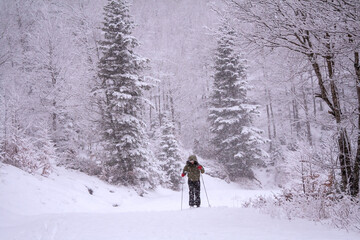 Fototapeta na wymiar Somport, France. Female cross country skiier in a winter landscape.