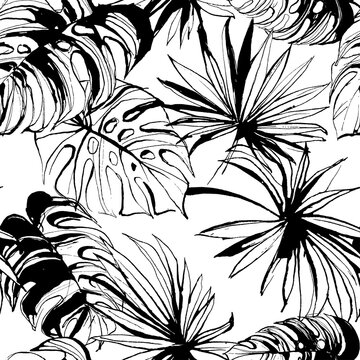 Tropical jungle floral seamless pattern background with palm leaves. Black and white