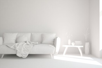 White room with sofa. Scandinavian interior design. 3D illustration