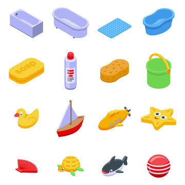 Bath toys icons set. Isometric set of bath toys vector icons for web design isolated on white background