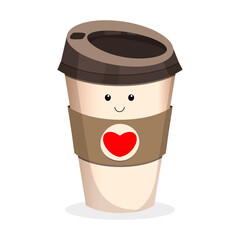 Cute character of disposable paper cup for cofee or tea in kawaii style. 