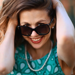 Fototapeta premium cheerful blonde in sunglasses / young beautiful girl, sunglasses, woman summer look