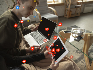 Friends connecting and sharing with social media, using gadget. Get comments, likes, emotional. Modern UI icons, communication, devices. Concept of modern technologies, networking, gadgets. Design.