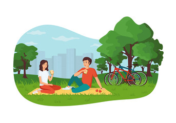 Young smiling man and woman having a picnic in a city park. The concept of a family active weekend outdoors. Happy married couple spending time together. Cartoon vector illustration.