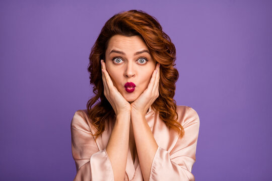 Closeup photo of cute pretty lady red bright lipstick send air kisses look shy affectionate enjoy on cheeks adorable person wear beige shirt blouse isolated purple color background