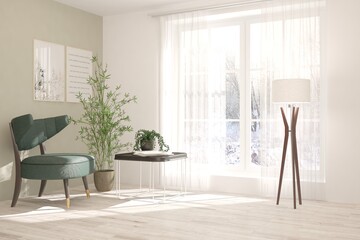 White stylish minimalist room with armchair and winter landscape in window. Scandinavian interior design. 3D illustration