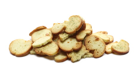 Bruschette chips, grilled bread crisps with sour cream and onion flavor, savory snacks isolated on white background