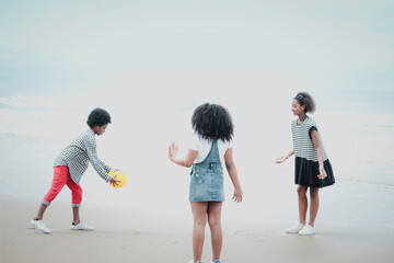 Cute groups of kids having fun together on sandy summer with blue sea, happy childhood friends playing ball on tropical beach