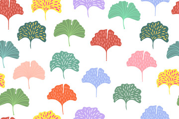 Colorful abstract ginkgo leaves on a white background. Vector seamless pattern