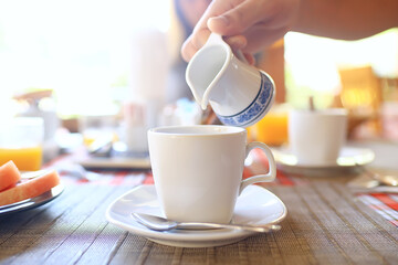 morning coffee cup / breakfast concept cheerfulness happiness drink in a cup