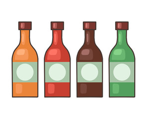 Set of bottles with hot sauce. Seasoning for food. Vector cartoon object for recipes, menus, banners and your design.