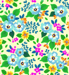 Cute floral pattern beautiful flower. Seamless vector texture. Elegant template for fashion prints. Printing with small pale blue and yellow flowers. White background.