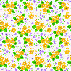 Floral seamless pattern with small flowers in vintage style. Surface design of yellow flowers and leaves on a white background. A bouquet of spring flowers for fashion prints. Modern floral background