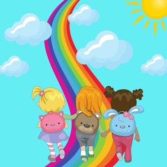 cute colorful abstract illustration kids walking on rainbow design