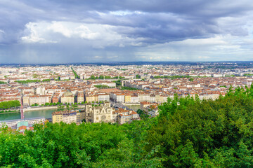 Fototapeta na wymiar Saint-Jean cathedral, Saone River and the city center, in Lyon