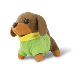 Brown dog doll Wearing a green shirt, yellow shirt collar on a white background