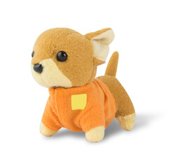 Brown dog doll Wearing an orange shirt On a white background