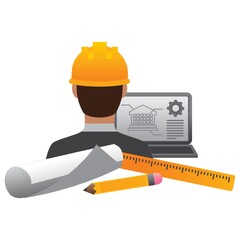construction worker with laptop and tools