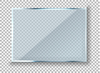 Vector modern transparent reflecting glass banner. Glass rectangle Plate Isolated On Transparent Background reflection 3d panel texture or clear window on display background frame.