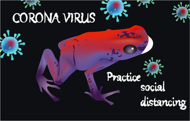 Corona Virus, practice social distancing banner with frog in a white medical face mask, Coronavirus Bacteria
