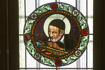 Saint Vincent de Paul, stained glass window at the Basilica of Our Lady of Bistrica in Marija Bistrica, Croatia
