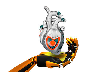 Robot hand holds a metel heart. The concept of man and robot.