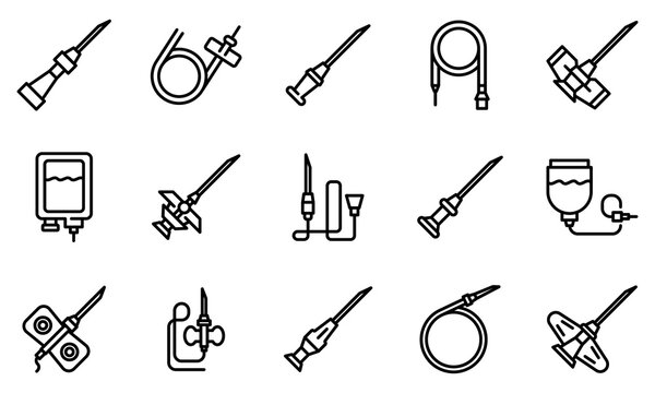 Catheter icons set. Outline set of catheter vector icons for web design isolated on white background