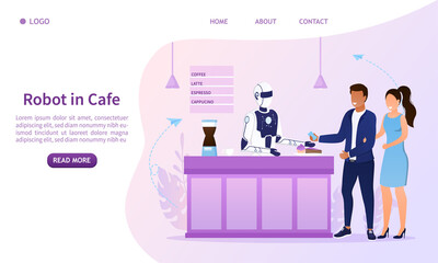 A robot in a cafe serves a young couple. Man and woman in a futuristic cafe. Automation technologies in service sector. Barista robot. Innovation in restaurant business. Flat Vector Illustration