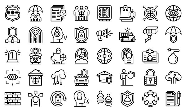Security service icons set. Outline set of security service vector icons for web design isolated on white background