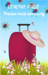 Corona Virus, practice social distancing banner with suitcase, hat, grass, Coronavirus Bacteria