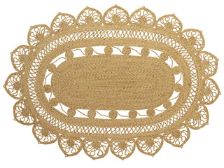 Modern braided oval jute rug with a floral pattern. 3d render - obrazy, fototapety, plakaty