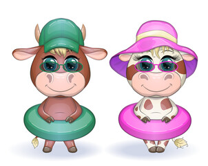 White cartoon ox, bull or cow in sunglasses kawaii cartoon character swims and sunbathes, isolated on white for poster card, 2021 symbol, cute farm animal