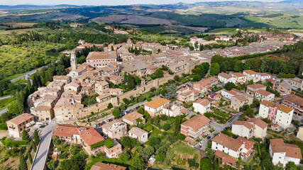 Amazing aerial view of San Quirico medieval town in Tuscany