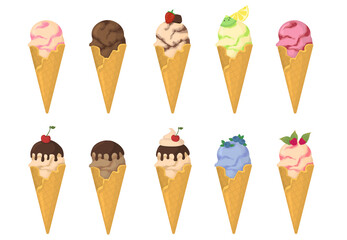 Delicious colorful ice creams in waffle cone isolated on white background. Set of ice cream illustration.