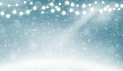 Christmas, Snowy background with light garlands, falling snow, snowflakes, snowdrift for winter and new year holidays. Holiday winter landscape