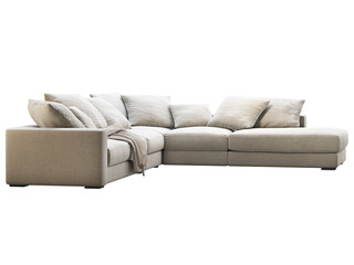 Modern light beige corner fabric sofa with chaise lounge. 3d render.