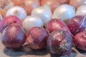 Fresh white, purple and yellow onion bulbs scattered on clear surface